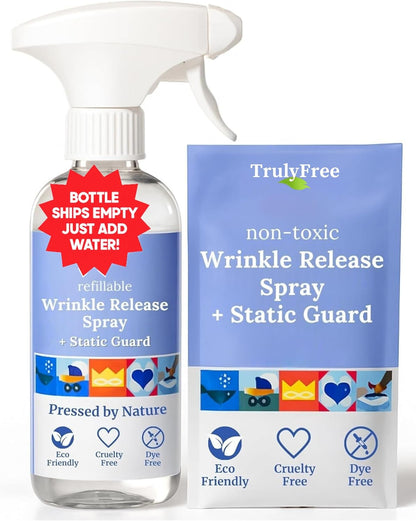 Truly Free Wrinkle & Static Releaser - Wrinkle Release for Clothes, Linen, & Sheet Fabrics - Static Guard Spray - Plant-Based - 12 oz Reusable Empty Spray Bottle + One (3 oz) Fill Pack