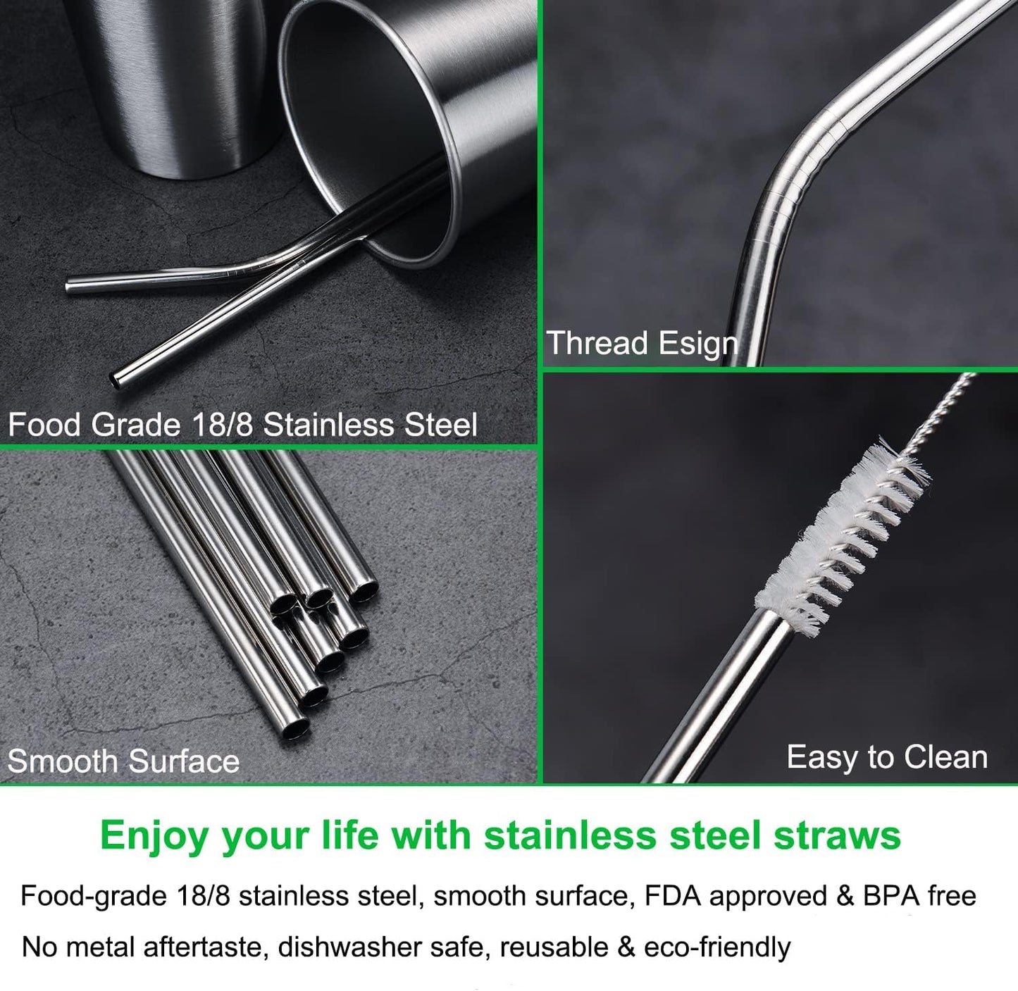 Vinaco Stainless Steel Smoothie Straws, 0.4'' Extra Wide Reusable Metal Drinking Straws for Milkshake, Smoothie, Beverage, Set of 4 with 1 Cleaning Brush