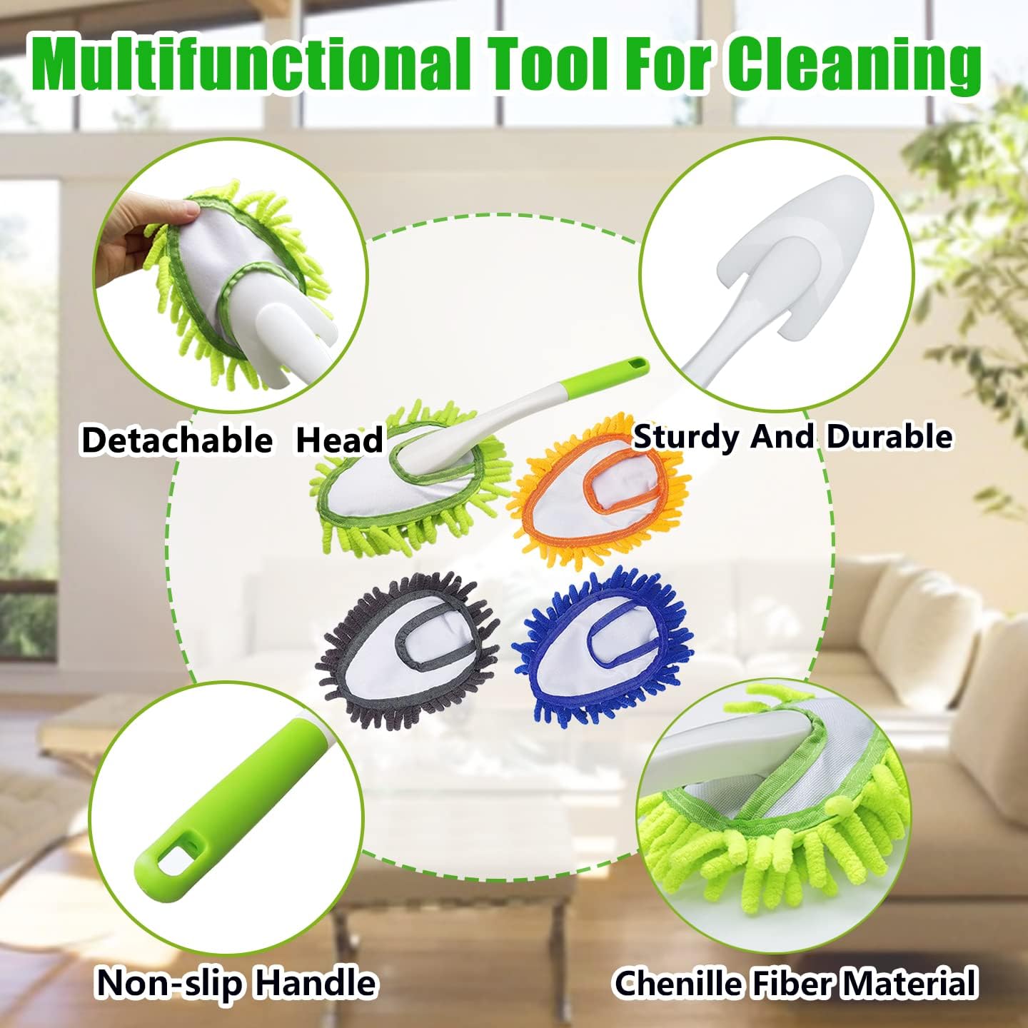 16 Inch Microfiber Duster Kit with 4 Pcs Duster Head, Feather Dsters, Washable and Reusable Duster, Wet and Dry Use, Cleaning Tools for Car,Office,Household