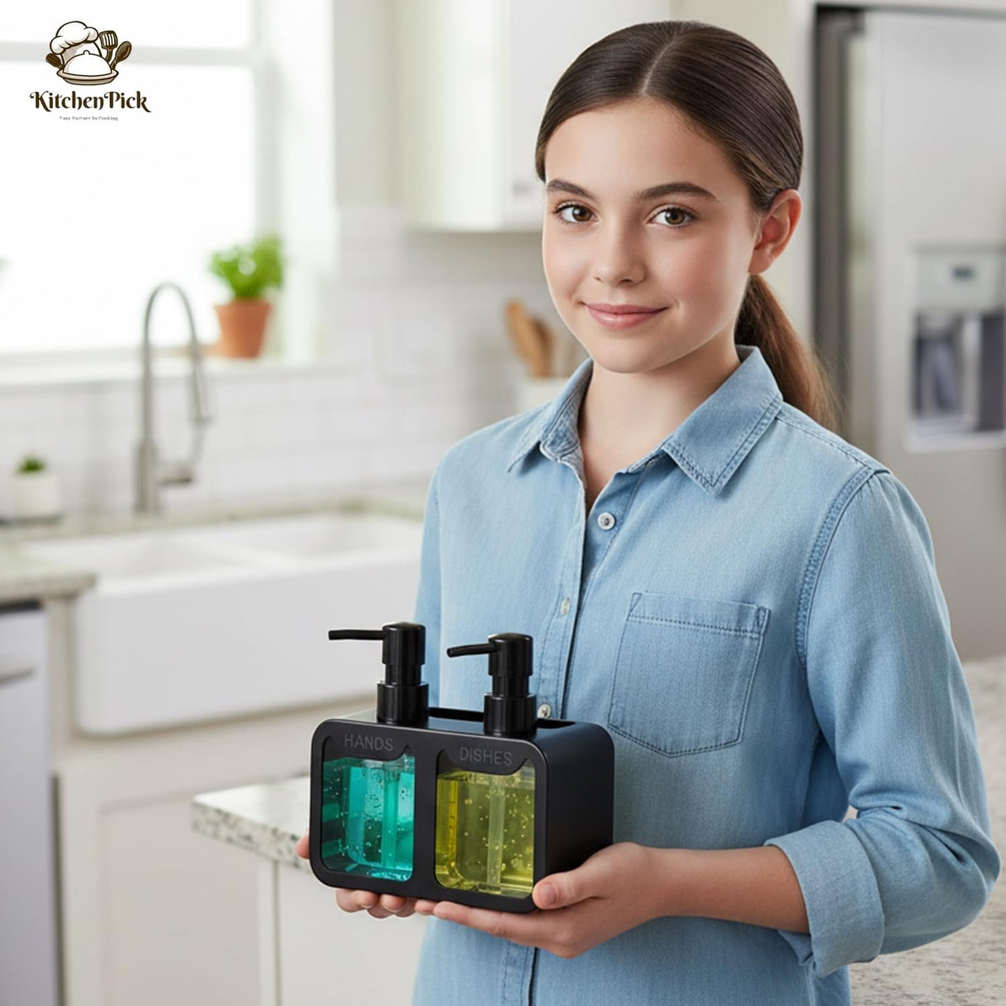 2-in-1 Kitchen Sink Liquid Dish Soap Dispenser Set for Hands and Dishes, Matte Black Dual Refillable Pump Bottle, with Sponge Caddy & Brush Holder, Countertop Organizer Gadget