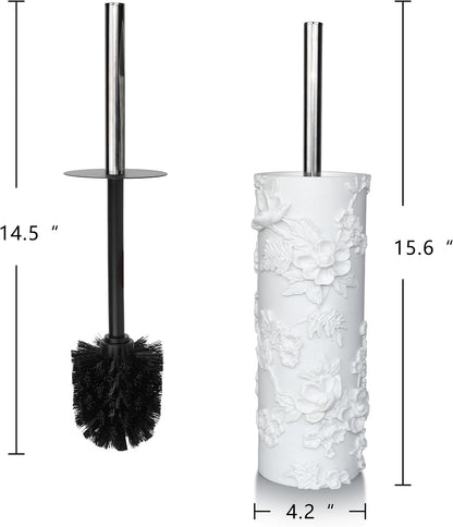 White Floral Branches Design Resin Toilet Bowl Brush and Holder Set, Elegant Bathroom Cleaning Tool with Durable Bristles, Compact and Functional