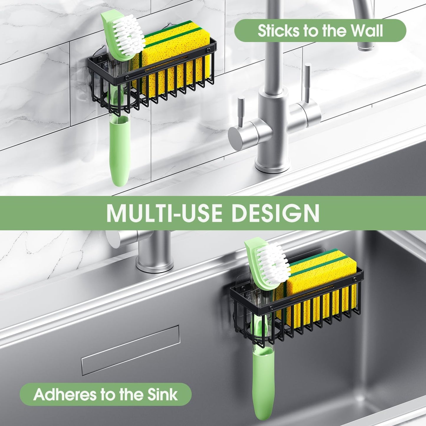 Expandable Kitchen Sink Caddy, Strong Adhesive Mount Detachable Sponge Holder for Kitchen & Bathroom Sink with Extra Suction Cups, Holds Sponges, Dish Brushes, Scrubbing Pads - Black