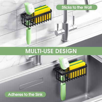 Expandable Kitchen Sink Caddy, Strong Adhesive Mount Detachable Sponge Holder for Kitchen & Bathroom Sink with Extra Suction Cups, Holds Sponges, Dish Brushes, Scrubbing Pads - Black