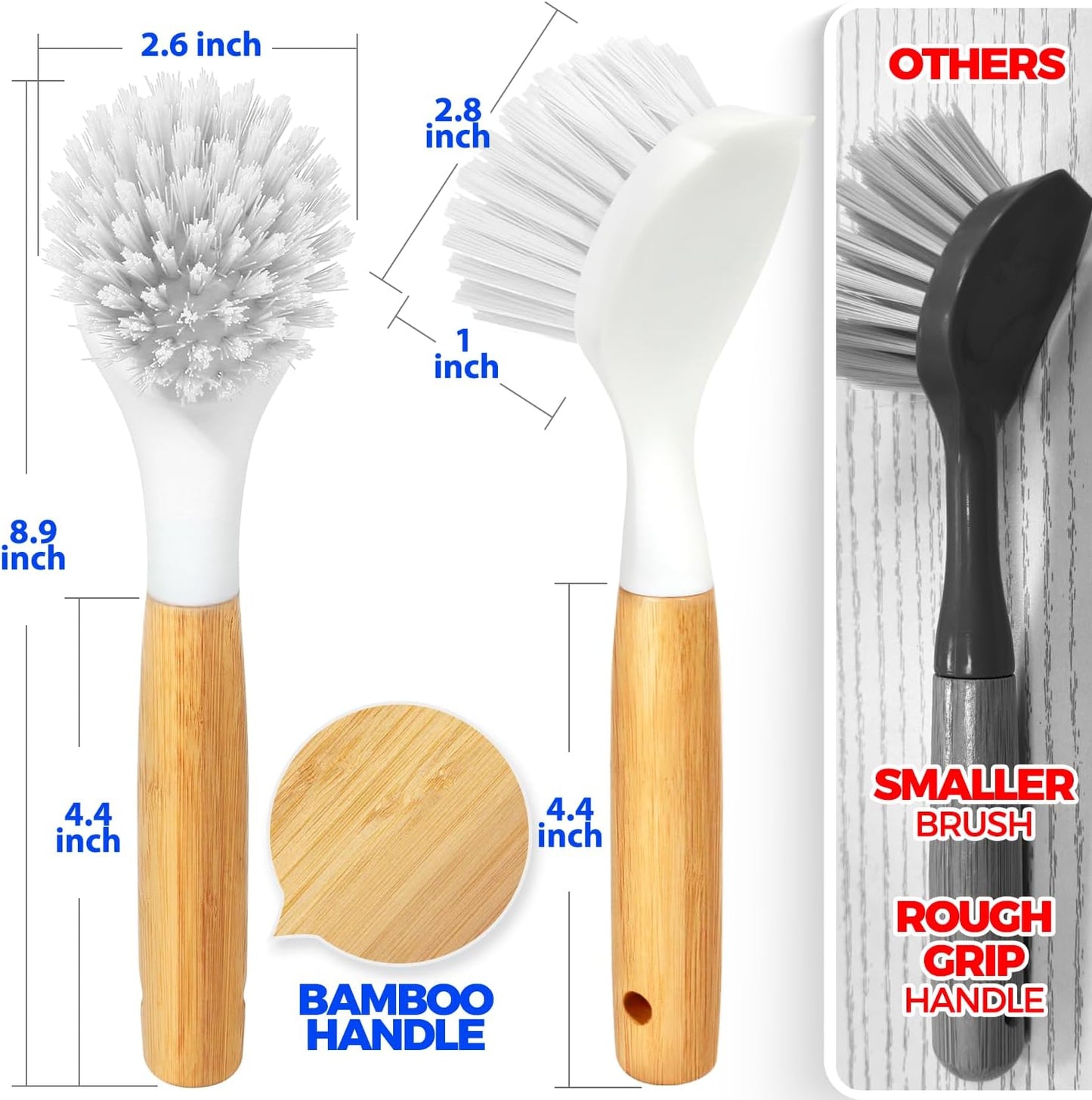 Holikme 3 Pack Dish Brush Set with Bamboo Handle, Kitchen Brushes for Cleaning Pot, Sink and Stove, Skillet Scrubber with Tough Bristles for Cast Iron Grill Pan, Yellow White Black