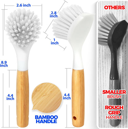 Holikme 3 Pack Dish Brush Set with Bamboo Handle, Kitchen Brushes for Cleaning Pot, Sink and Stove, Skillet Scrubber with Tough Bristles for Cast Iron Grill Pan, Yellow White Black