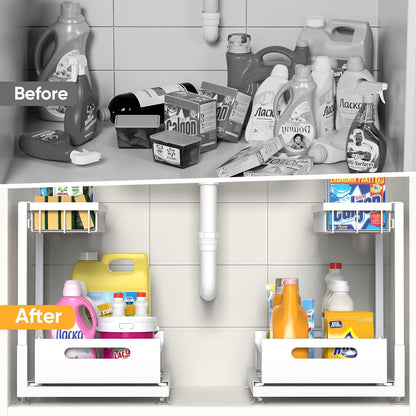 Saydear Under Sink Organizer Storage 2-Tier Premium Metal Pull-Out Kitchen Cabinet Organizer with Sliding Drawer, Height Adjustable, Heavy Duty for Kitchen & Bathroom Organizers 2 Pack Black