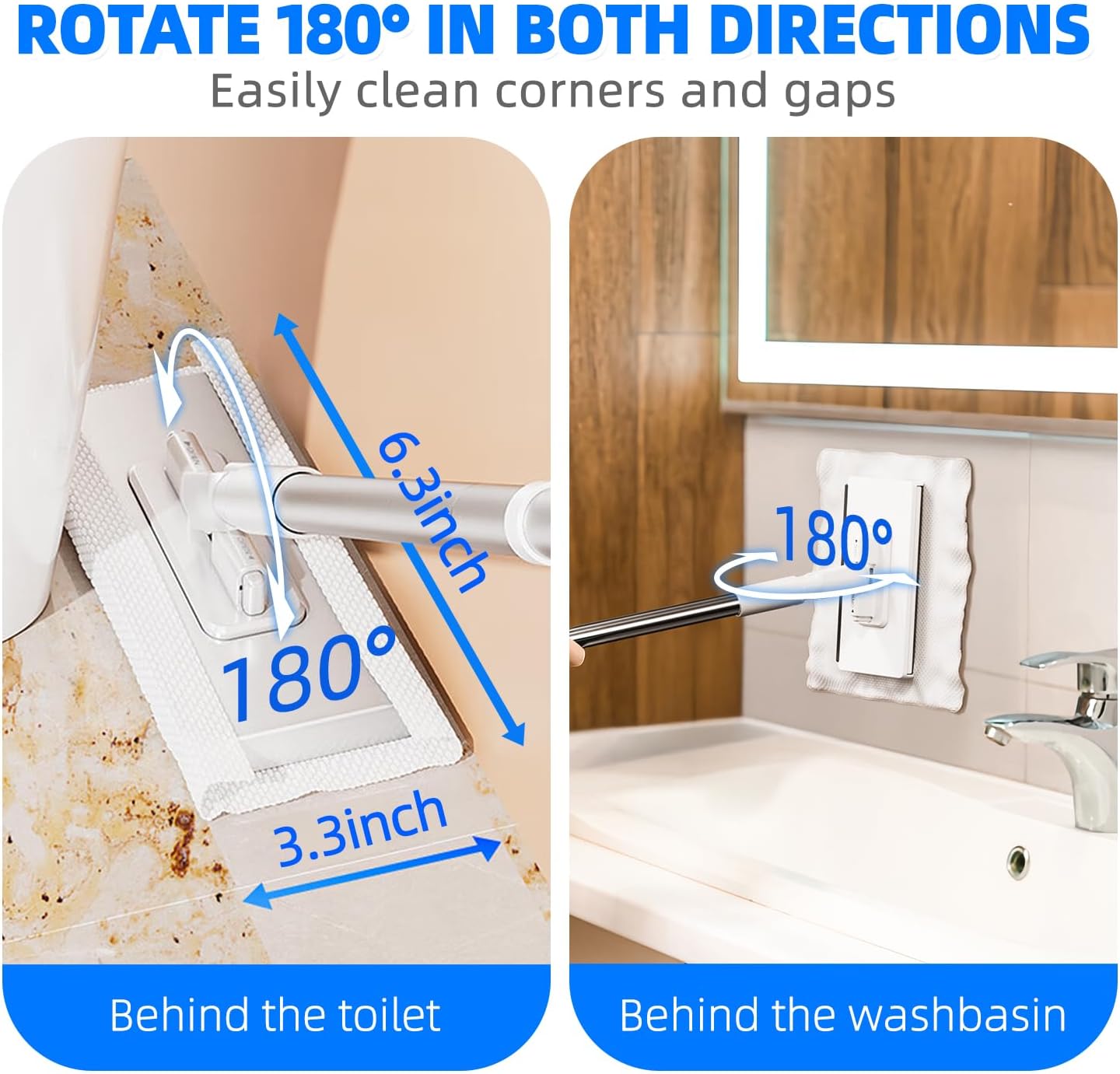 Snap-Grip Mini Mop with 39in Handle — INWEJIA Zero-Touch Gap Dust Cleaner & Locking Head, Disposable Lazy Mop Wet and Dry for Kitchen Bathroom Toilet Corners Window Wall Cleaning