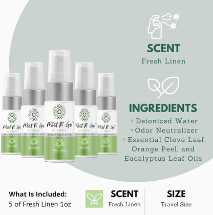 Mist N’ Go by Omaze Travel Bathroom Spray for Toilet Spray Odor Eliminator - Travel Toilet Spray for Bathroom Air Freshener Spray for Bathroom Deodorizer - Clean Mix, Travel Size (1oz x2)