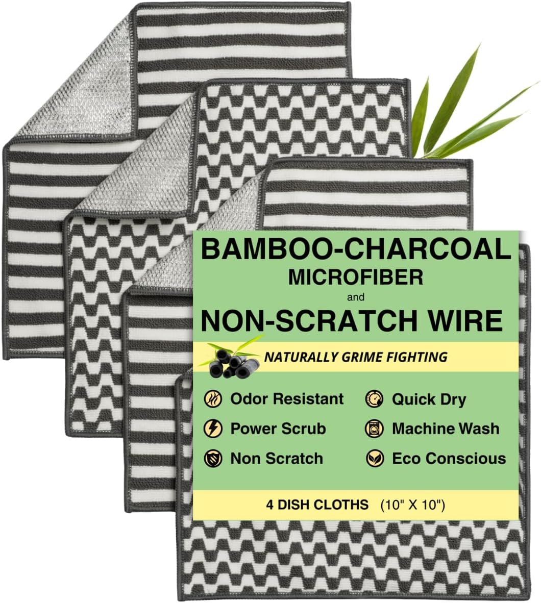 Severn Dish Cloths for Washing Dishes 4pk. Odor-Resistant Dish Rags with Non-Scratch Wire Scrubber Side for Kitchen Cleaning. Grime-Fighting Bamboo-Charcoal Microfiber 2-Sided Dishrags. Machine Wash