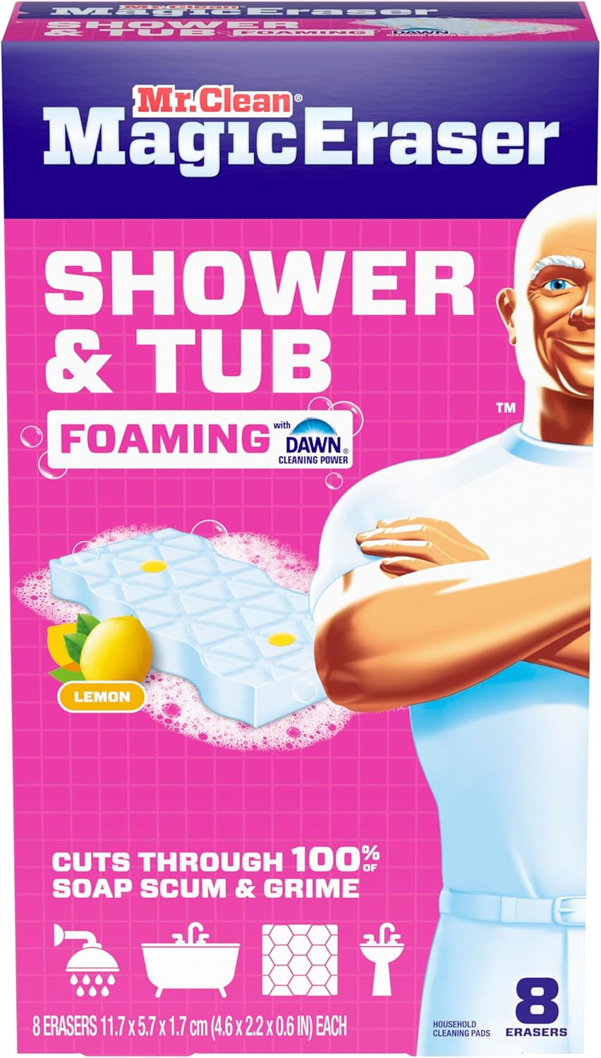 Mr. Clean Magic Eraser Sponge, Bathroom, Shower, Tub Cleaner, Soap Scum Remover, Bathroom Cleaning Supplies, Dawn Cleaning Power with Lemon Scent, Shower & Tub, 6ct