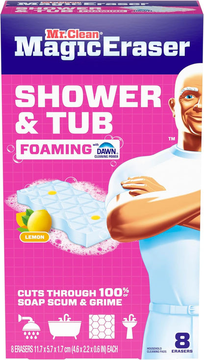 Mr. Clean Magic Eraser Sponge, Bathroom, Shower, Tub Cleaner, Soap Scum Remover, Bathroom Cleaning Supplies, Dawn Cleaning Power with Lemon Scent, Shower & Tub, 6ct