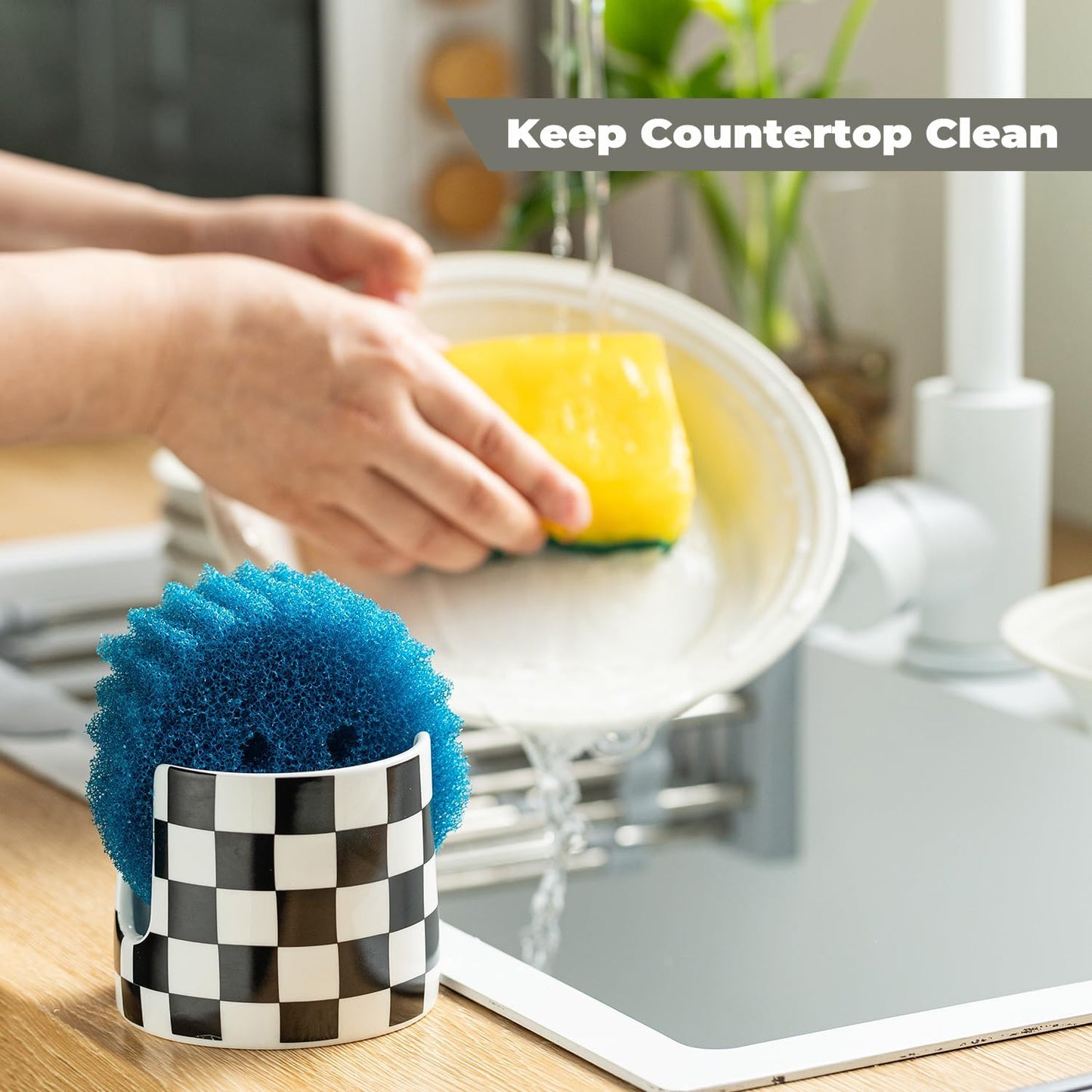 Zoeeker Sponge Holder for Kitchen Sink, Ceramic Dish Sponge Dish Rack Scrubby Caddy Kitchen Organizer Cute Sink Caddy Organizer, Farmhouse Decor, Speckled Glaze