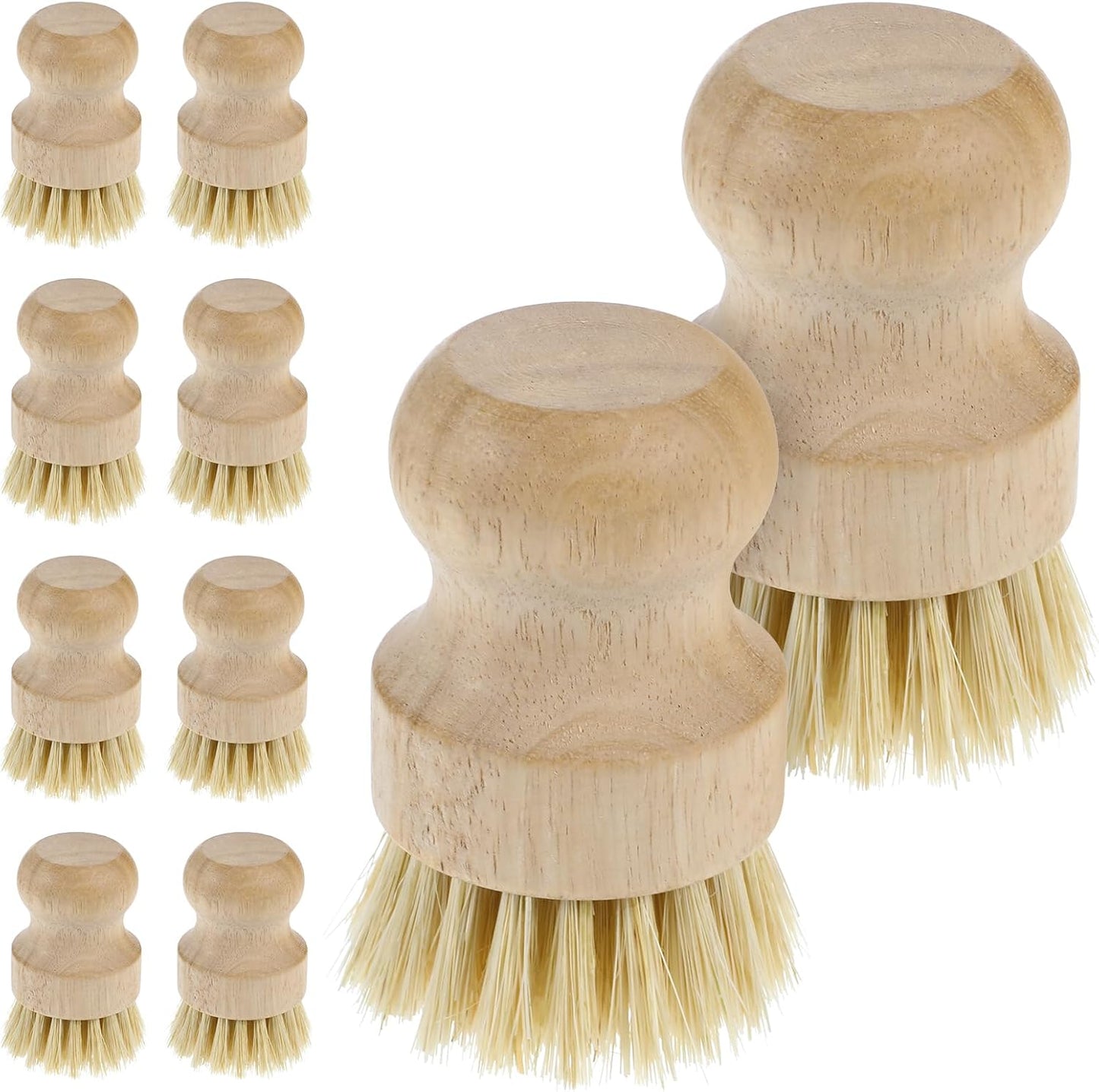 COMNICO 10 Pcs Bamboo Dish Scrub Brush Set, Mini Natural Wooden Scrubbers Set Round Dish Brush Vegetable Durable Scrubber Cleaning Kit for Cleaning Pot Pan Sink