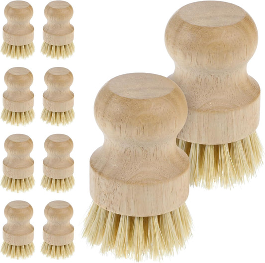 COMNICO 10 Pcs Bamboo Dish Scrub Brush Set, Mini Natural Wooden Scrubbers Set Round Dish Brush Vegetable Durable Scrubber Cleaning Kit for Cleaning Pot Pan Sink