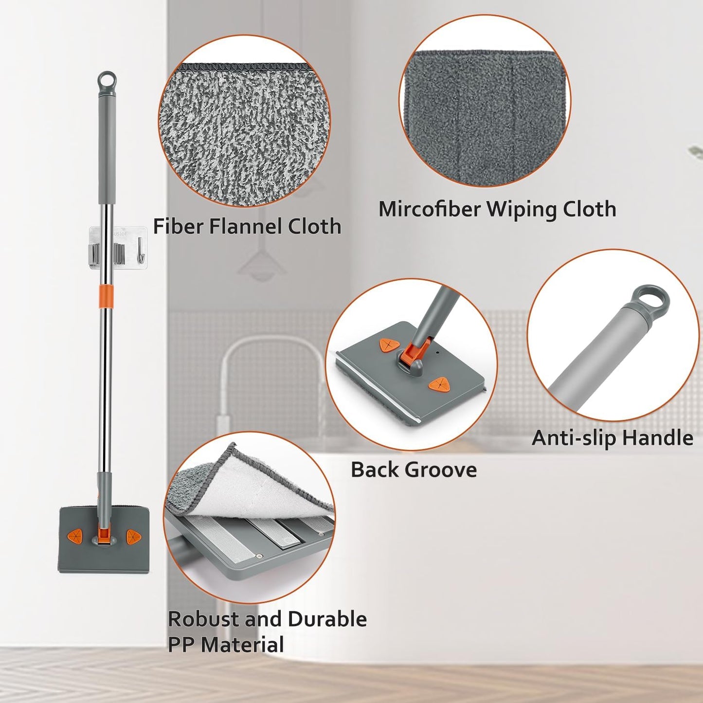 Base Board Cleaner Tool with Handle, 360 Rotating Wall Cleaner Mop, 180 Folding Ceiling Tool Duster with Squeegee for Cleaning Wall, Ceiling, Window, Floor, 8 Replacement Cleaning Pads