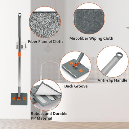 Base Board Cleaner Tool with Handle, 360 Rotating Wall Cleaner Mop, 180 Folding Ceiling Tool Duster with Squeegee for Cleaning Wall, Ceiling, Window, Floor, 8 Replacement Cleaning Pads