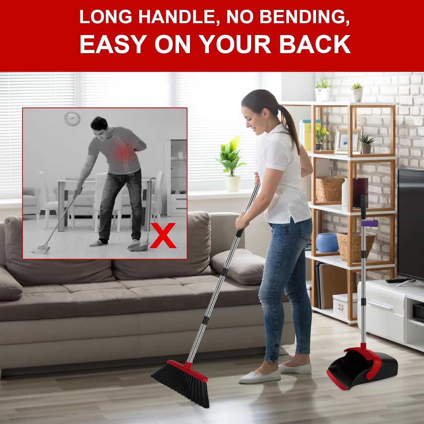 Broom and Dustpan Set, Household Broom with Dustpan Combo Set, 51" Long Handle, Dust Pan Set for Kitchen Office Lobby Floor