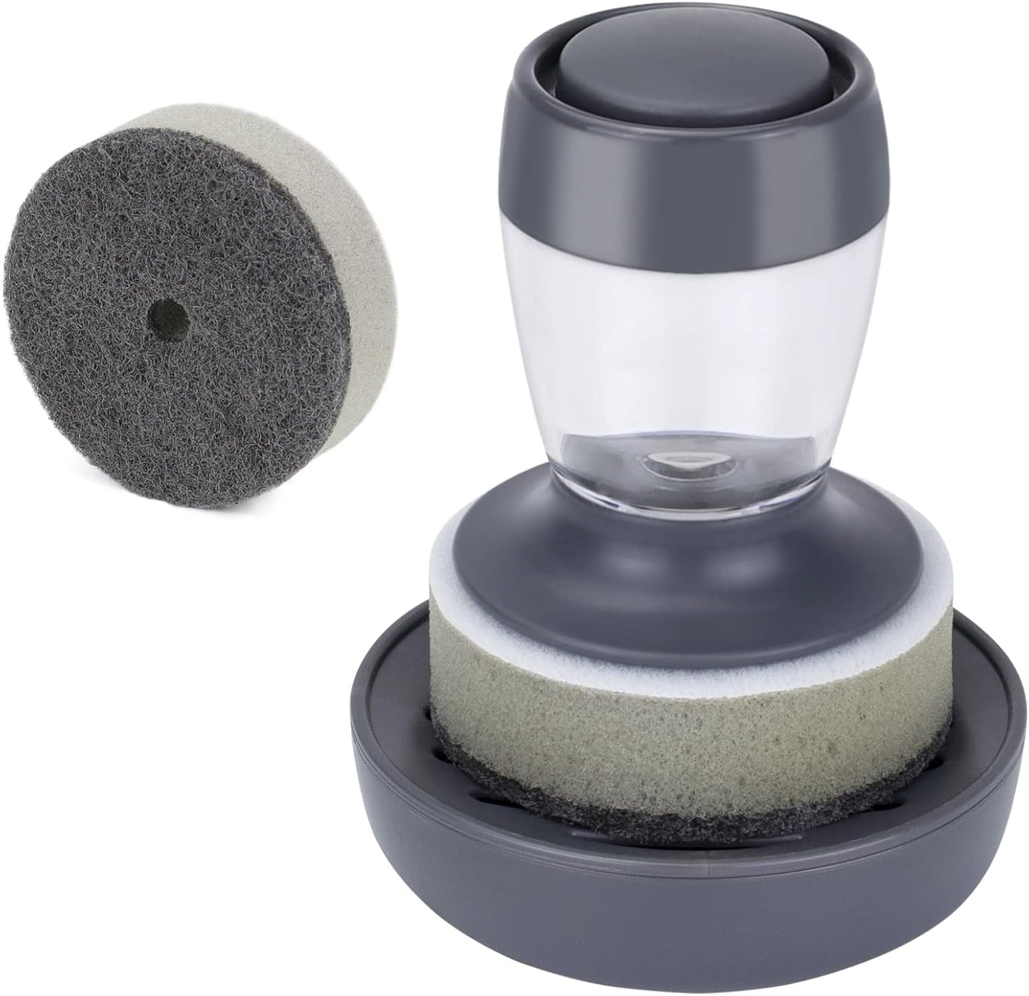 DAPOWER Dish Brush with Soap Dispenser, Kitchen Scrub Brush for Dishes Pots Pans Sink Cleaning, Dish Scrubber with Holder Set (Grey 2-Pack Combo Set)