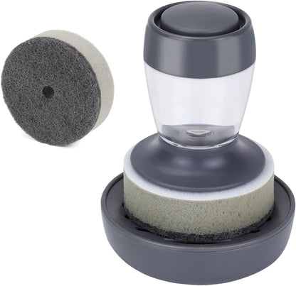 DAPOWER Dish Brush with Soap Dispenser, Kitchen Scrub Brush for Dishes Pots Pans Sink Cleaning, Dish Scrubber with Holder Set (Grey 2-Pack Combo Set)