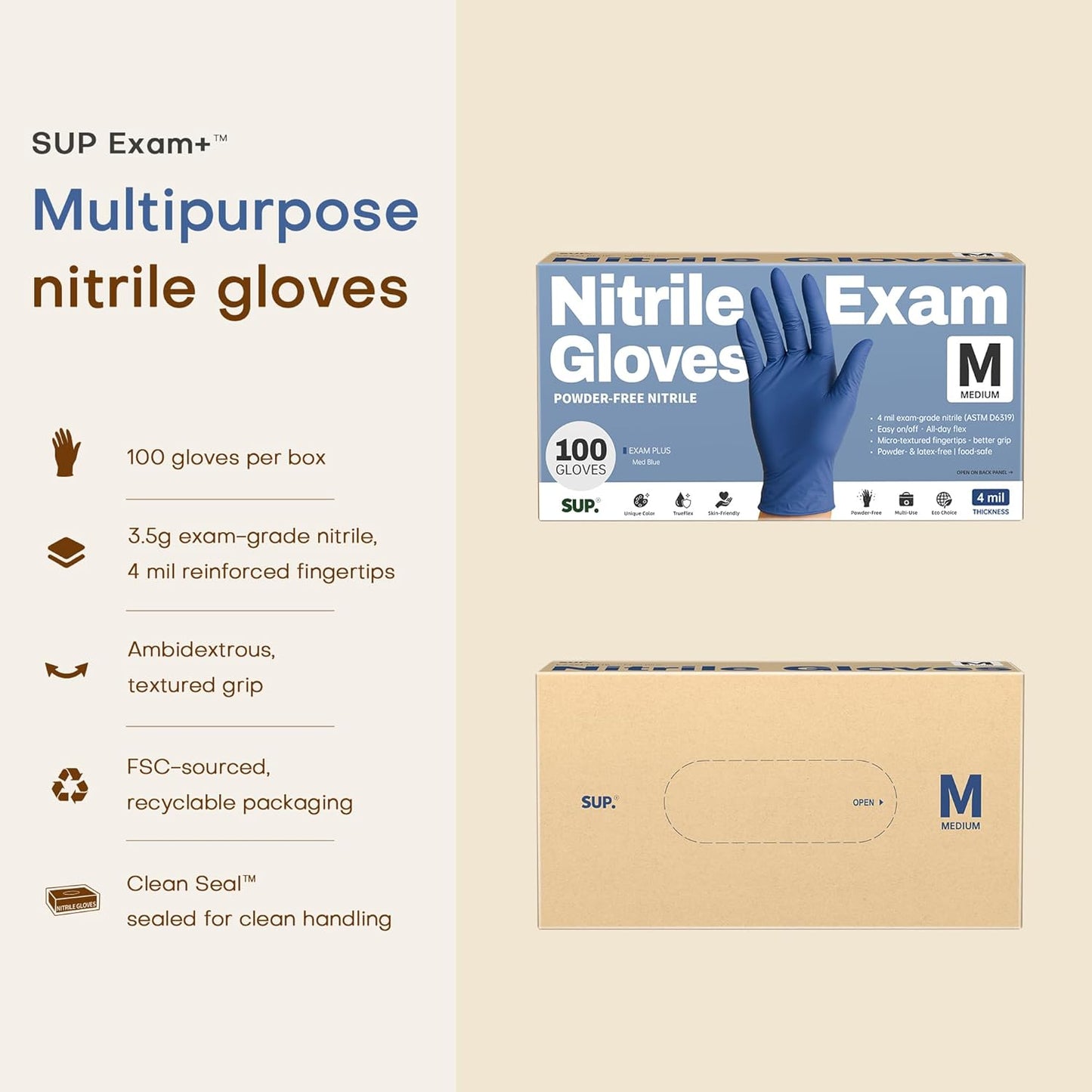 SUP Powder-Free Nitrile Exam Gloves, 100 Count Food Safe Latex-Free Medical Non-Sterile Cooking Disposable Glove, Blue