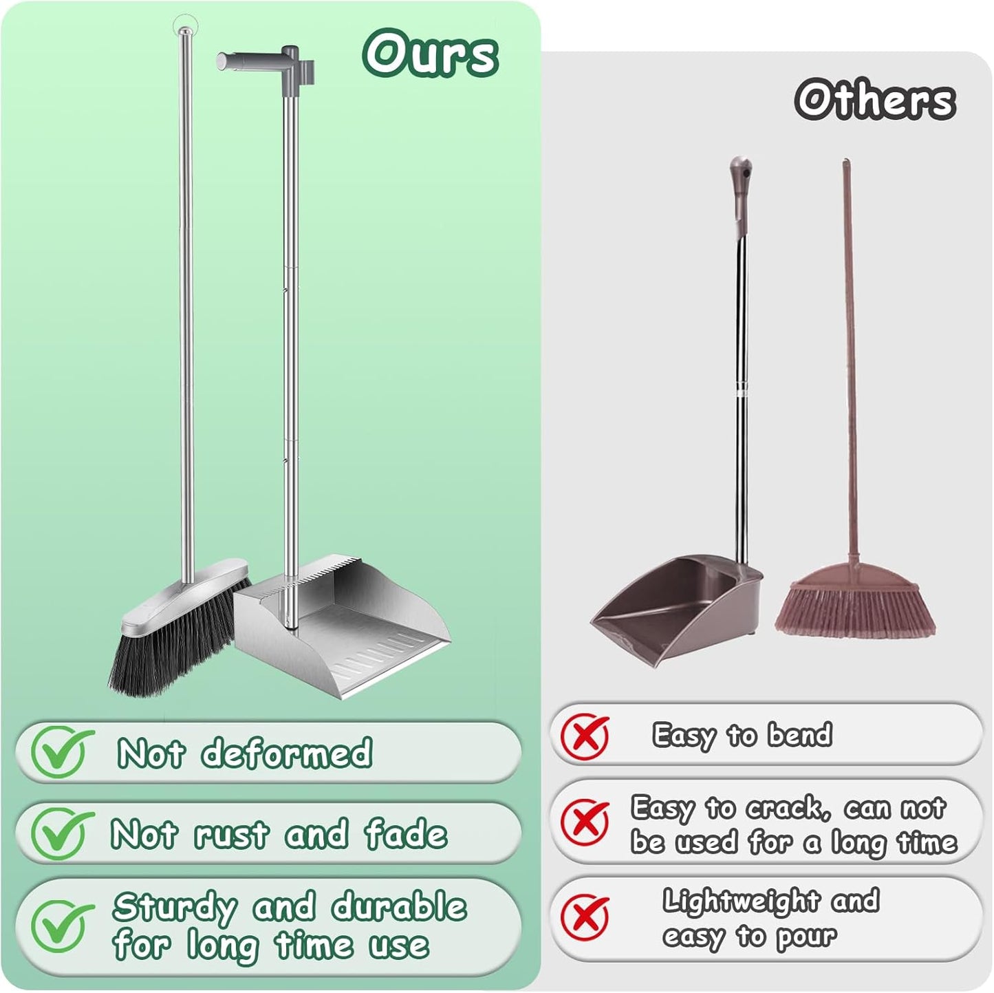 Metal Broom with Dustpan Combo Set-Long Handle Broom with Dustpan,Heavy Duty Standing Dust Pan & Soft Bristles Brooms,Indoor Outdoor Dust Pan Brooms for Home Office Lobby Floor