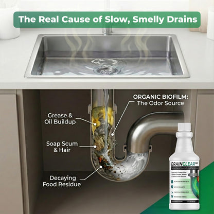DrainClear Pro Enzyme Drain Cleaner 32oz - Enzymatic Formula Digests Grease, Waste & Odors - Safe for Pipes and Septic Systems - Biodegradable Drain Treatment for Home & Commercial Use