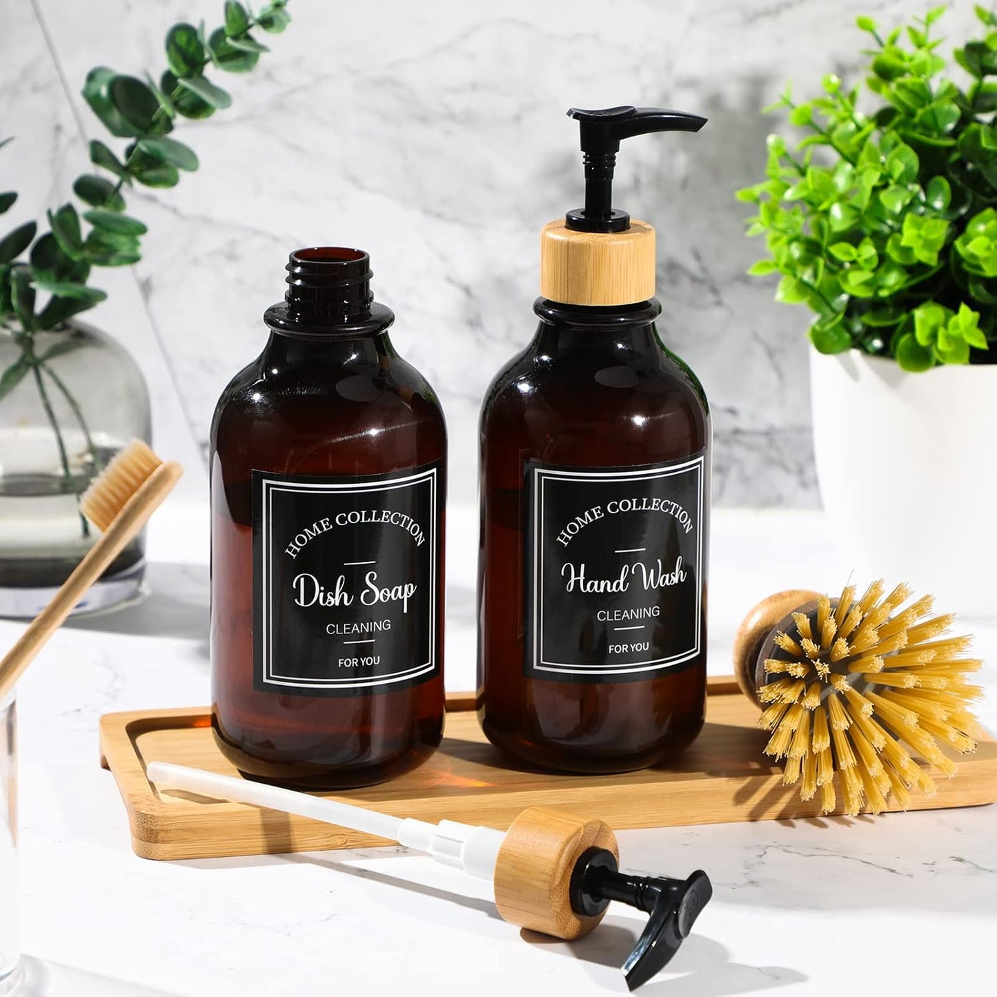 Zopeal 4 Pcs 16 oz Kitchen Soap Dispenser Set with Bamboo Tray and Dish Brush Plastic Soap Dispenser Set with Waterproof Labels for Hand Dish Lotion(Frosted Black)
