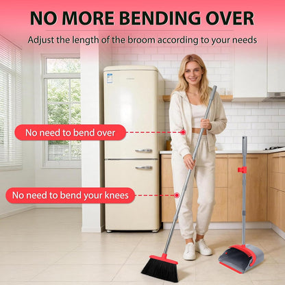 YZO Broom and Dustpan Set, 54.33 Inch Long Handle Standing Design, Dustpan Front Rubber Tight Seal, Broom with 5 Layer Bristles, Suitable for Living Room, Bedroom, Yard, Office and Apartment(Green)