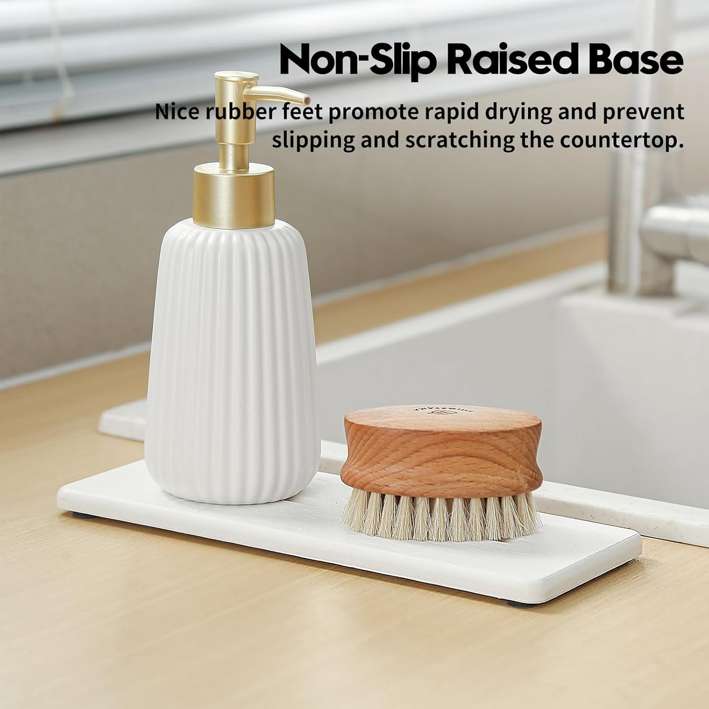 Fast Water Absorption Sink Organizer Tray Set, 3-Pack Compact and Space-Saving Stone Soap Holder Caddy for Kitchen & Bathroom Counter, Faucet Splash Guard, White (1pc of 8"x3.8" + 2pcs of 3.8"x3.8")