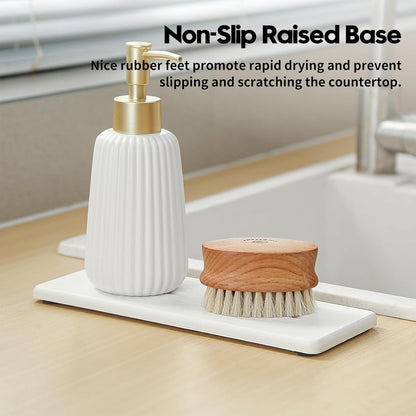 Fast Water Absorption Sink Organizer Tray Set, 3-Pack Compact and Space-Saving Stone Soap Holder Caddy for Kitchen & Bathroom Counter, Faucet Splash Guard, White (1pc of 8"x3.8" + 2pcs of 3.8"x3.8")