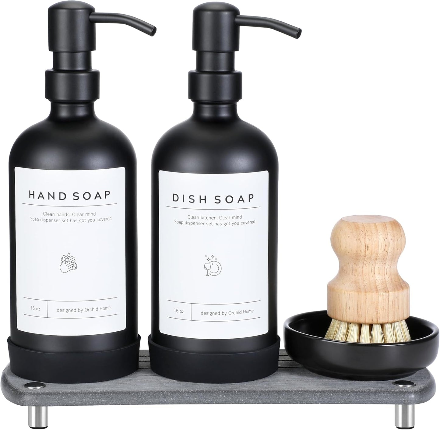 [Luxury] Kitchen Soap Dispenser Set - 16OZ Amber Glass Bottle, Stainless Steel Pump, Instant Dry Tray, Waterproof Labels, Non-Slip Silicone Pad, and Dish Brush | Upgrade for Your Kitchen and Bathroom