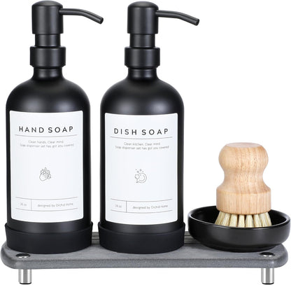 [Luxury] Kitchen Soap Dispenser Set - 16OZ Amber Glass Bottle, Stainless Steel Pump, Instant Dry Tray, Waterproof Labels, Non-Slip Silicone Pad, and Dish Brush | Upgrade for Your Kitchen and Bathroom
