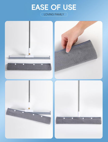 Floor Squeegee Broom with Long Handle, Heavy Duty Rubber Squeegee Kit with 2 Replacement Heads & 1 Cloth, Scrubber for Tile Floor, Garage, Concrete (3-in-1 Set)