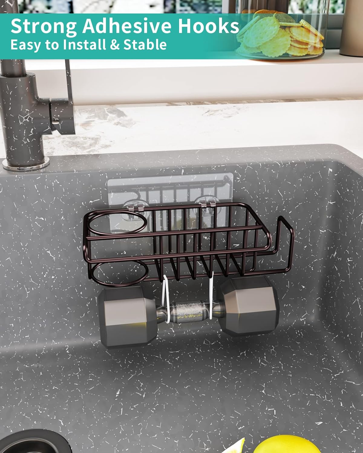 HapiRm 4 in 1 Kitchen Organizers and Storage, SUS304 Stainless Steel Brush Holder + Dish Cloth Hanger + Soap Rack + Sink Stopper Rack, No Drill Kitchen Essentials - Black