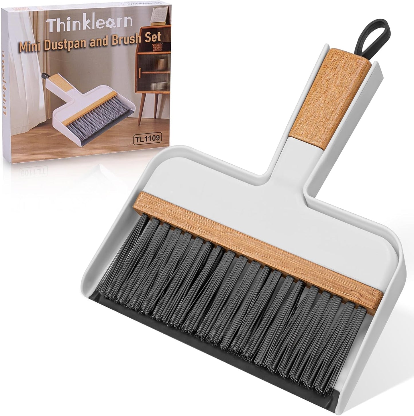 THINKLEARN Mini Dustpan and Brush Set, Portable Broom and Dustpan Combo Set with Bamboo Handle, Handheld Broom Set for Cleaning Desk Drawers Sofas and RV