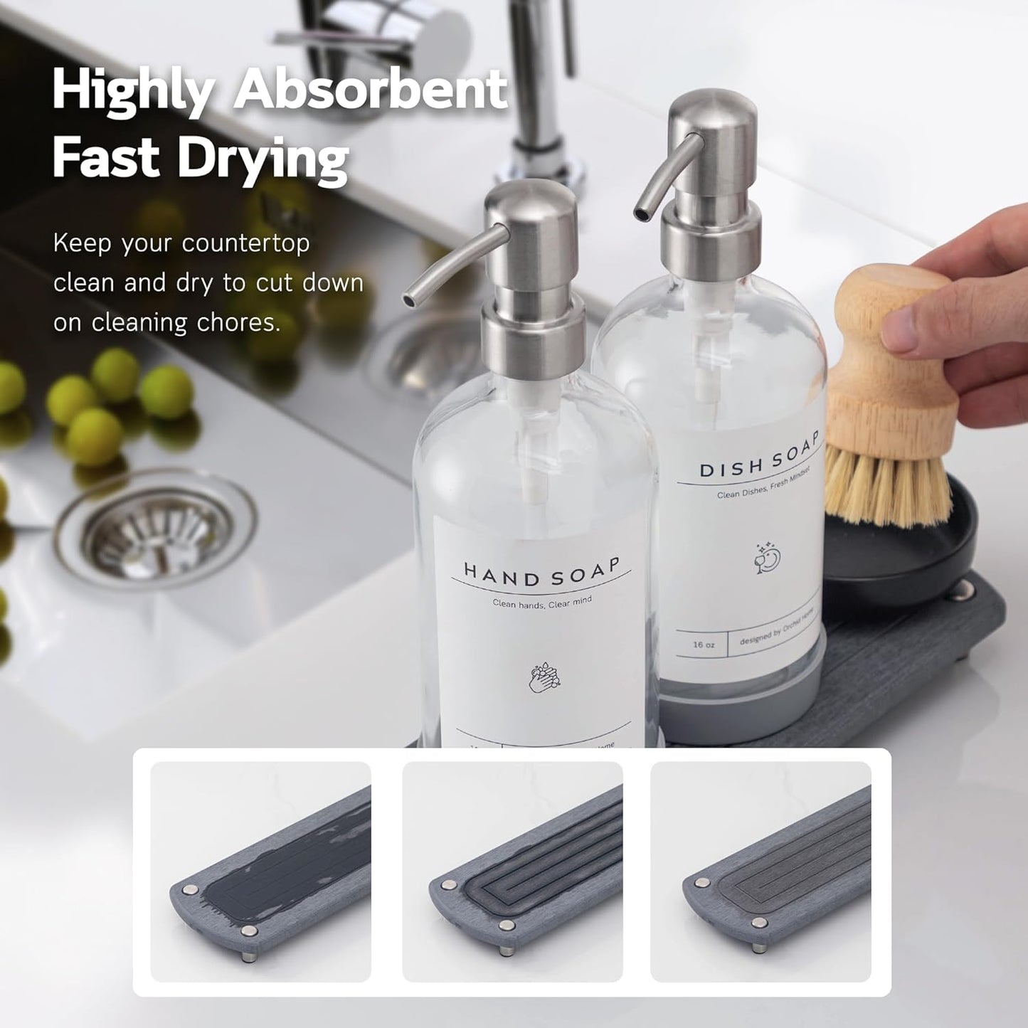 [Luxury] Kitchen Soap Dispenser Set - 16OZ Amber Glass Bottle, Stainless Steel Pump, Instant Dry Tray, Waterproof Labels, Non-Slip Silicone Pad, and Dish Brush | Upgrade for Your Kitchen and Bathroom
