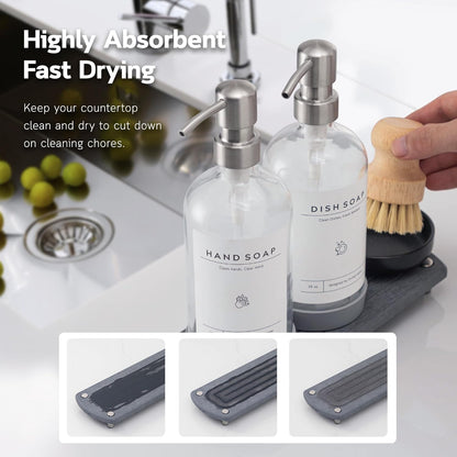 [Luxury] Kitchen Soap Dispenser Set - 16OZ Amber Glass Bottle, Stainless Steel Pump, Instant Dry Tray, Waterproof Labels, Non-Slip Silicone Pad, and Dish Brush | Upgrade for Your Kitchen and Bathroom