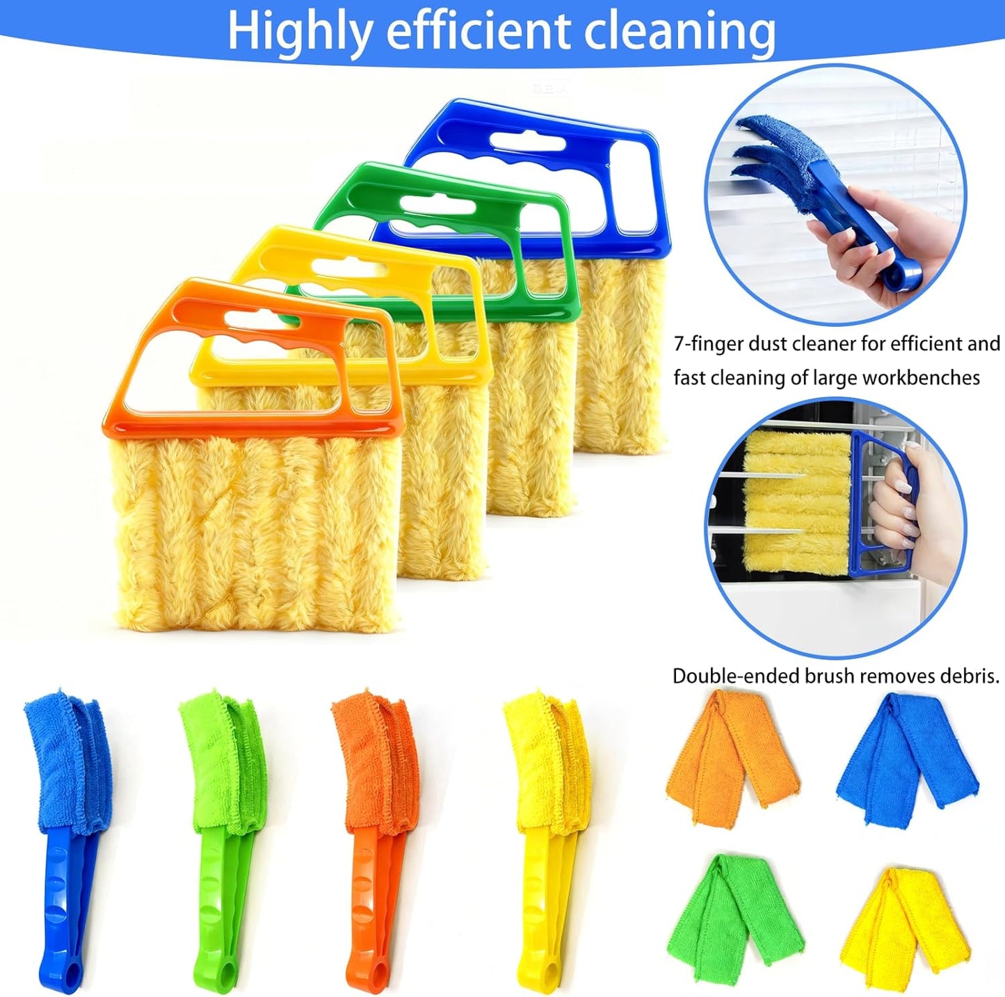 8Pcs Window Venetian Blind Cleaner Duster Tool, Microfiber 7-Finger Dusting Brush for Wood/Vinyl Blinds, Window Shutters, Air Conditioner and Fan Vents, with 4 Washable Cloth Covers