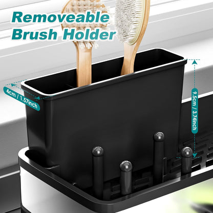 Ewaiira Sink Caddy, Sponge Holder for Kitchen Sink with Brush Holder Dishcloth Rack, Sink Organizer Countertop, Kitchen Organizers Storage Essentials,Black