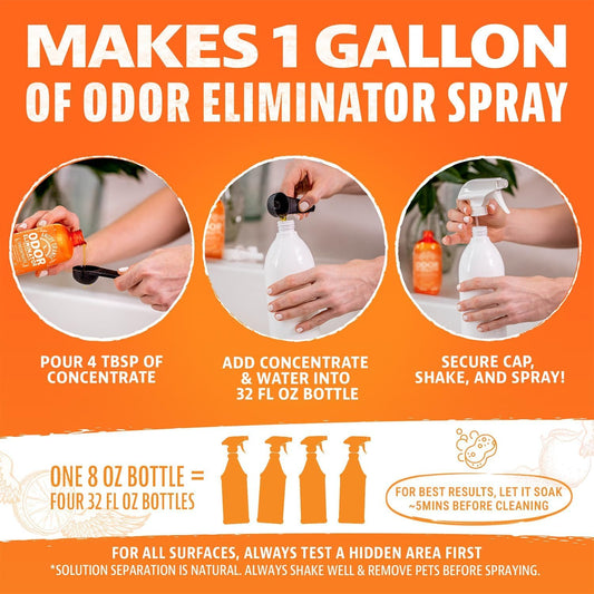 Angry Orange Pet Odor Eliminator 8 oz. bottle- Industrial Strength Pet Odor Remover - Makes (4) 32oz. Bottles - 1 Gallon - Neutralizes and Sanitizes Tough Pet Odors Fast