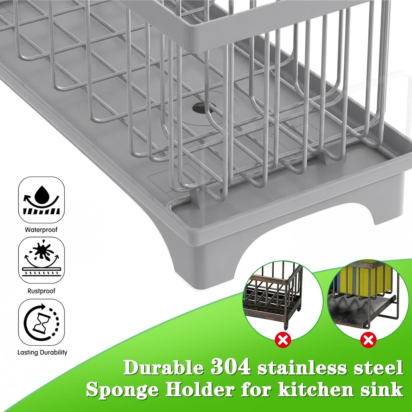 VOOWO Sponge Holder for Kitchen Sink, Compact Sink Caddy with Detachable Brush Holder and Towel Rack, Stainless Steel Kitchen Sink Organizer for Dish Sponge, Soap Dispenser Storage Accessories (White)
