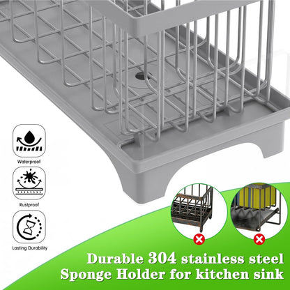VOOWO Sponge Holder for Kitchen Sink, Compact Sink Caddy with Detachable Brush Holder and Towel Rack, Stainless Steel Kitchen Sink Organizer for Dish Sponge, Soap Dispenser Storage Accessories (White)