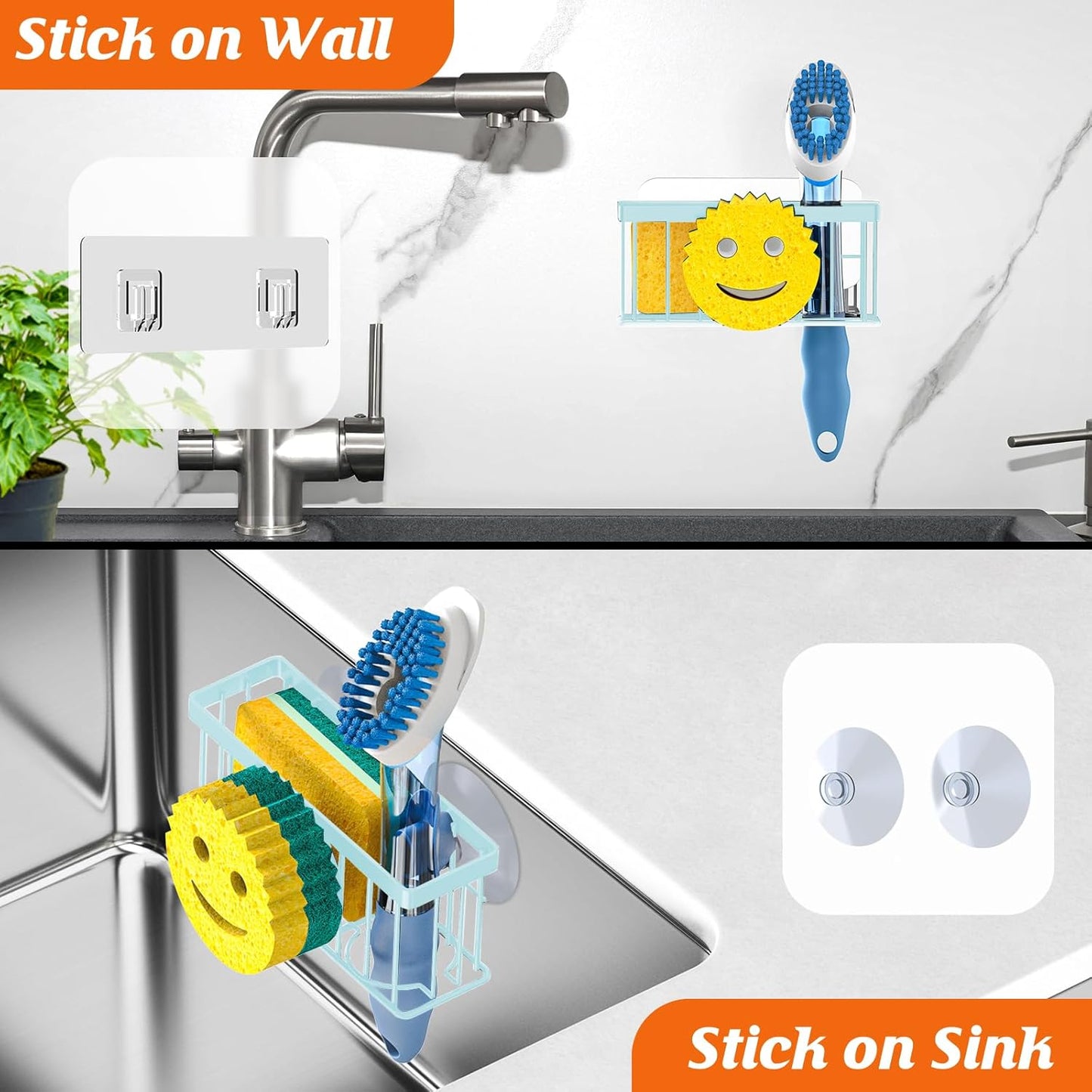 MURLONG Sponge Holder Smiley Face, Sink Caddy for kitchen Sink, Kitchen Organizer Sponge Holder with 2 PCS Suction Cups/1 PCS Adhesive Strips, Designed for Sponge, Soap, Dish brush, Scrubber-Black