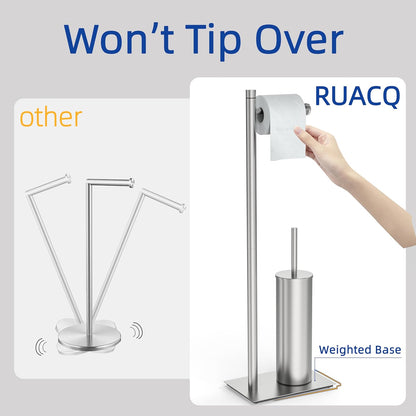 RUACQ Toilet Paper Holder Stand with Toilet Brush and Holder Set, 304 Stainless Steel Bathroom Toilet Tissue Paper Roll Holder Free Standing, Weighted Base, Heavy Duty (Matte Black)