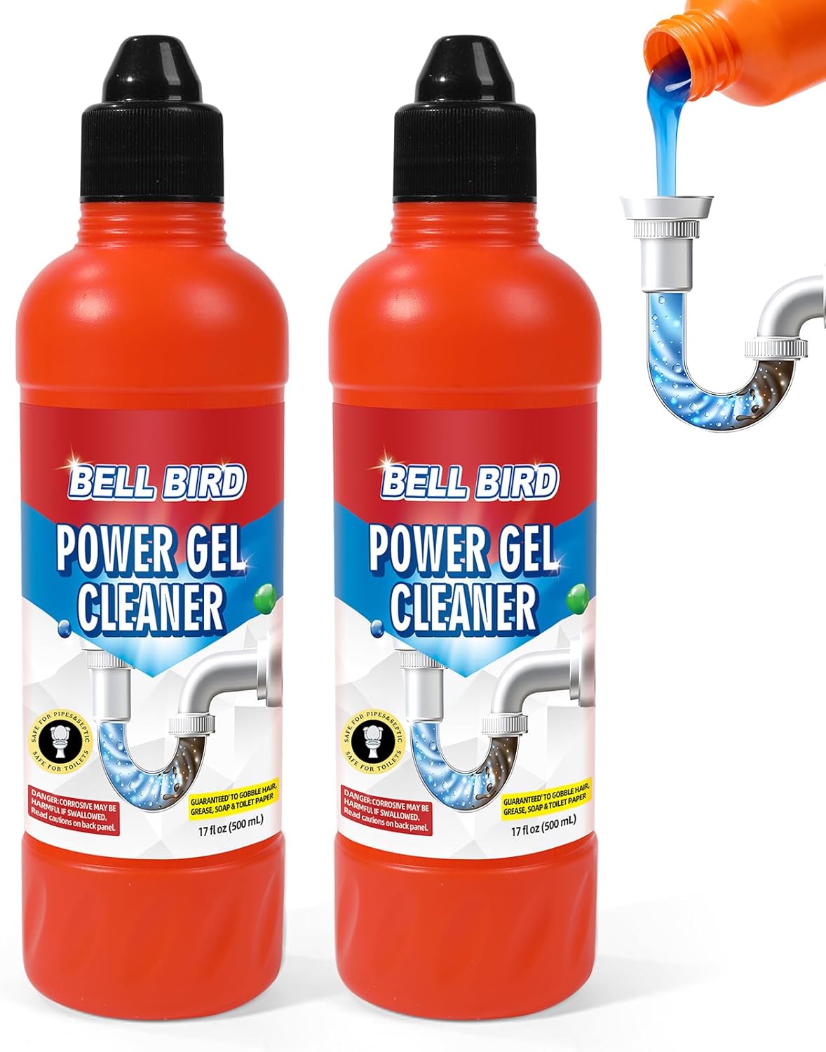 Bell Bird Drain Clog Remover & Pipe Cleaner - Thick Power Gel Dissolves Hair, Grease, and Soap Scum - Septic Safe Odor Eliminator for Kitchen Sinks, Tubs, Showers & Toilets (Pack of 1)
