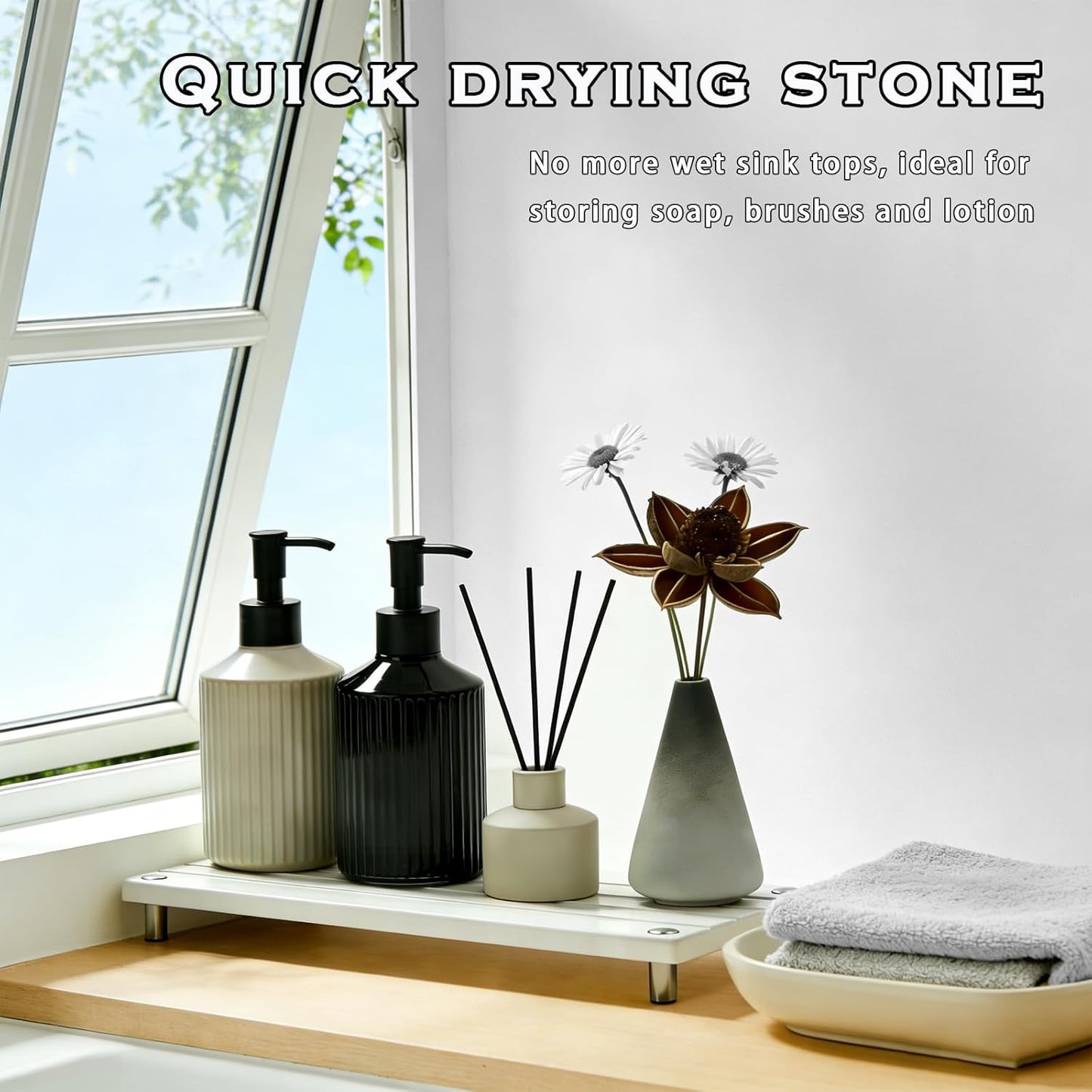 Instant Dry Sink Tray, Anti-Slip Stone Sink Caddy, Durable Kitchen Sink Organizer, Quick Dry Water Absorbing Stone Tray for Bathroom Counter, Stone Soap Tray -Dark Gray