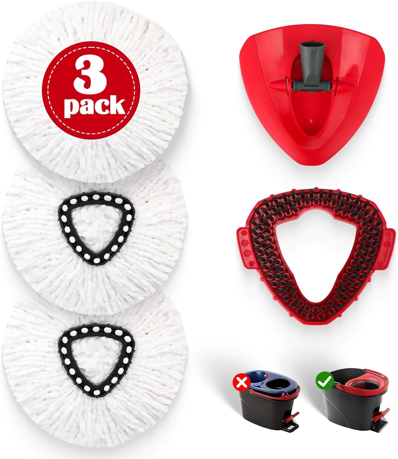 Spin Mop Replacement Set for O-Ceda RinseClean 2-Tank System, 16 Microfiber Spin Mops Refills,1 Scrubber Head,1 Triangle Spin Base,and(31-63in) Adjustable Handle Set Combo
