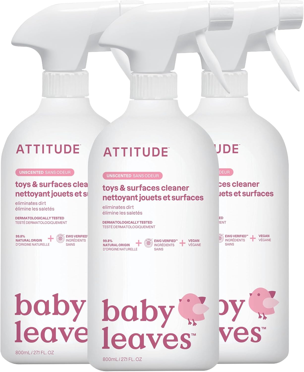 ATTITUDE Baby & Kids Toy Cleaner Spray, EWG Verified, Multi-Surface Cleaner for Toys, High Chairs & Play Areas, Naturally Derived, Vegan, Unscented, 27.1 Fl Oz
