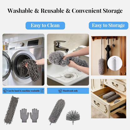 Microfiber Feather Duster 5-in-1 Kit with Extension Pole, Washable Cleaning Duster Set with 3 Duster Heads, Cobweb Duster, Corner Brush, 100'' Extendable Long Duster for High Ceilings, Fans, Furniture