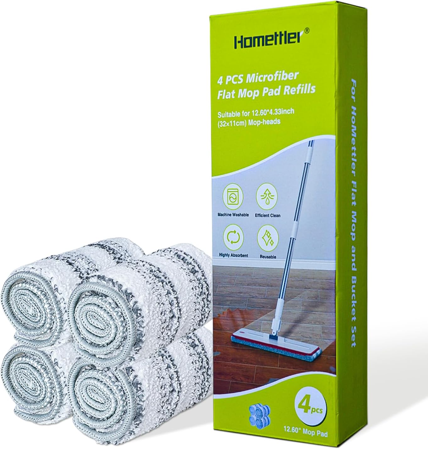 HoMettler Flat Mop Pads, Machine Washable Pads, Microfiber Mop Cleaning Pads, Replacement Flat Mop and Bucket Set, Pack of 4 Pcs 12.60×4.33 inch